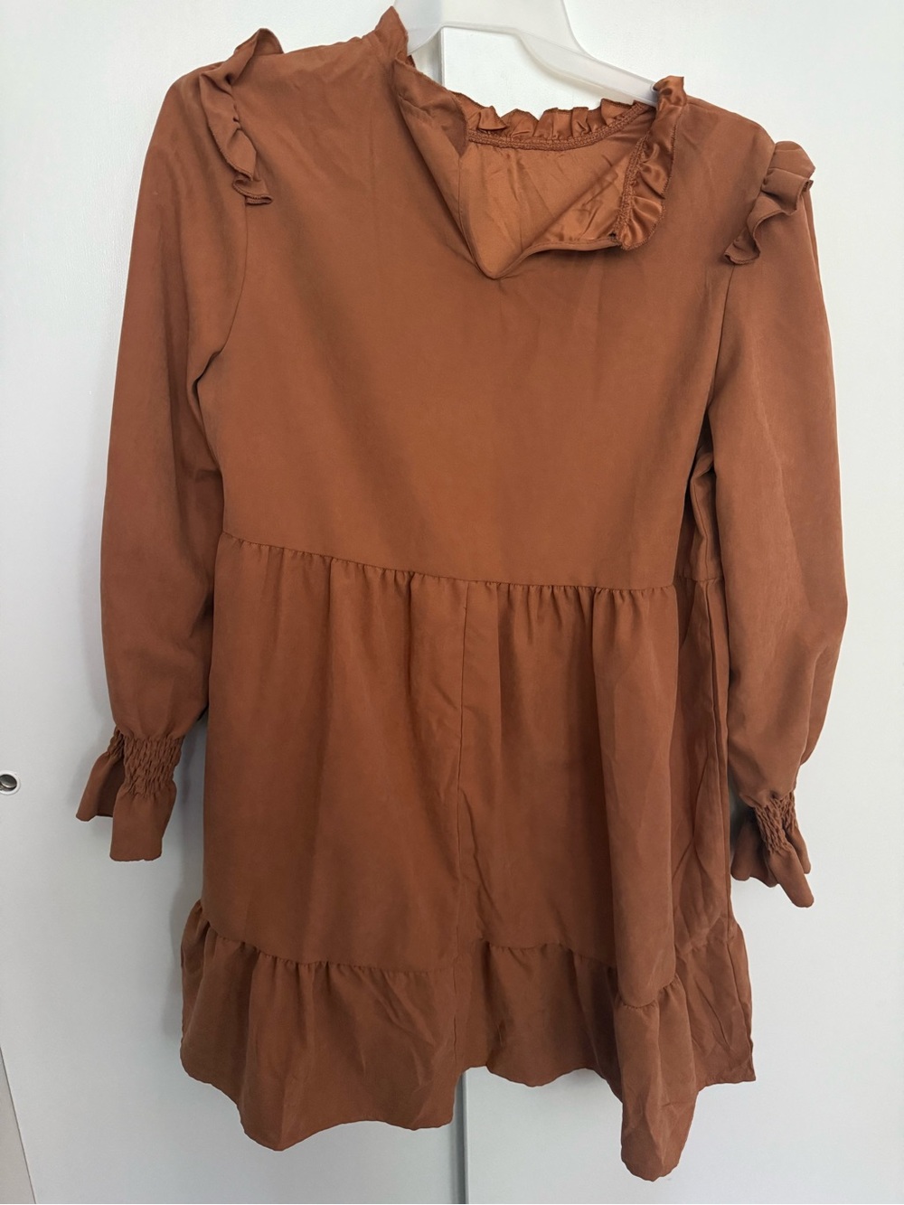 Long Sleeve Ruffle Trim Tiered Dress in Rust Brown